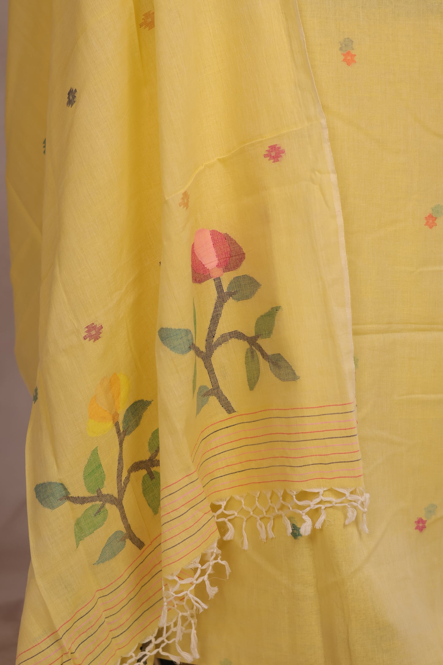 Yellow Handwoven Jamdhani weaving pure Malai cotton 2 piece suit sets | Looms & Tassels