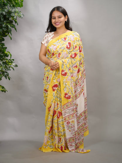 Yellow Georgette Hand Block Printed Saree| Looms & Tassels
