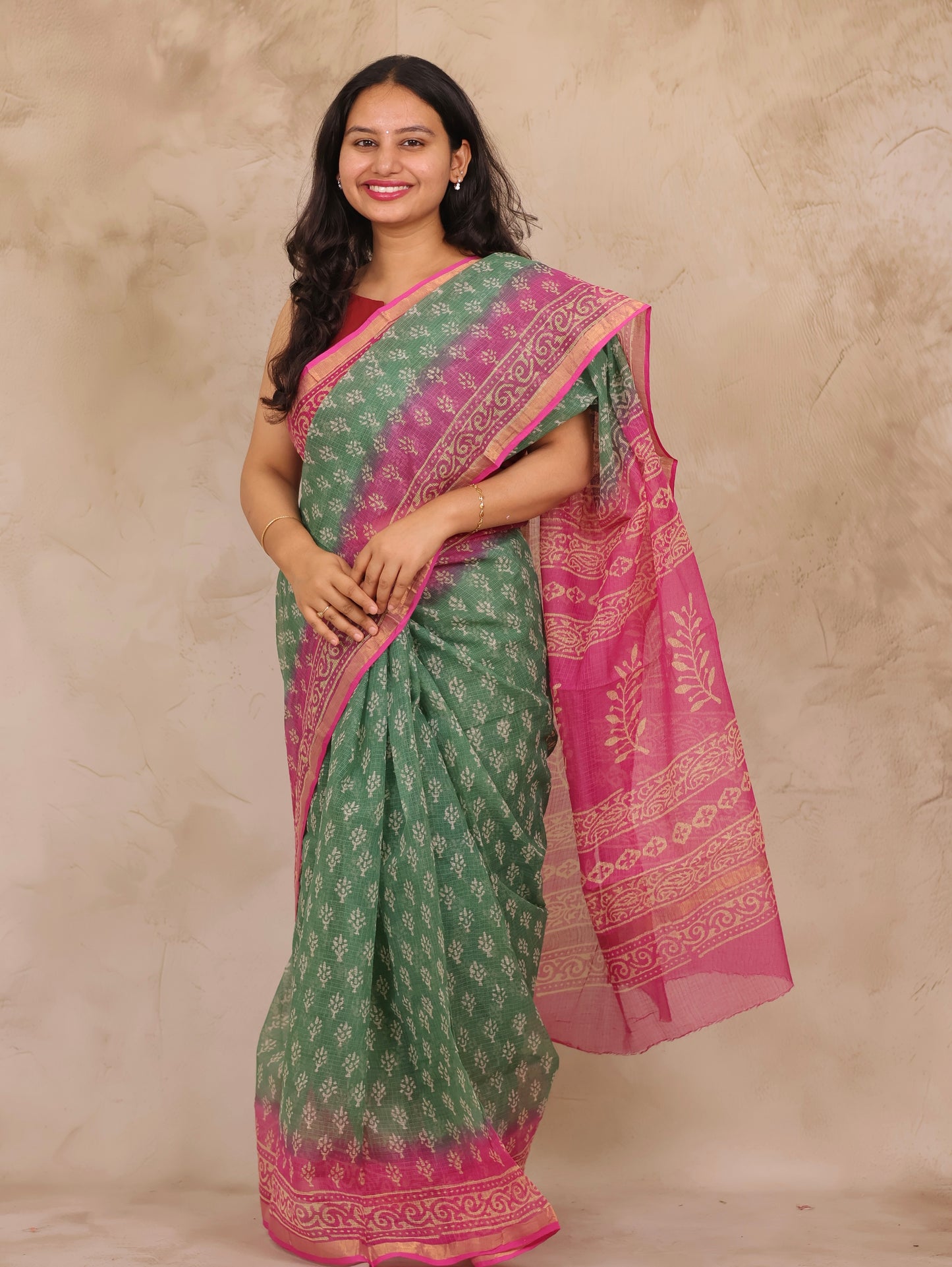 Green & Pink Pure Kota Doria Saree with Bagru Handblock Prints | Looms & Tassels
