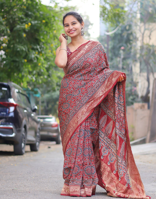 Ajrakh Dola Silk Saree