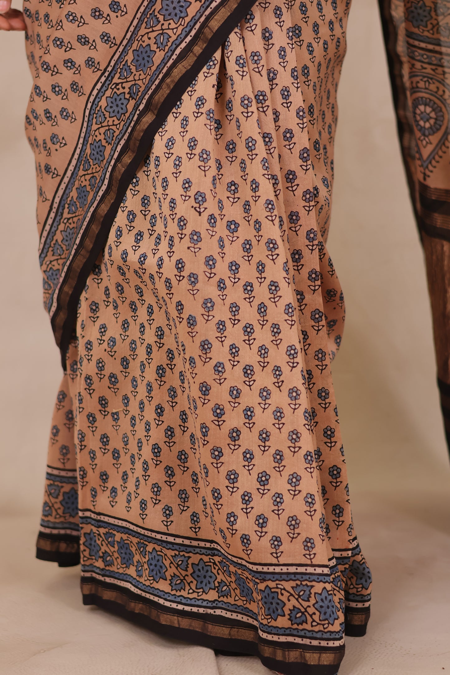 Maheswari Silk Cotton Ajrakh Handblock Printed Saree | Looms & Tassels