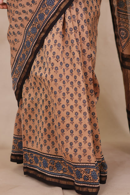 Maheswari Silk Cotton Ajrakh Handblock Printed Saree | Looms & Tassels
