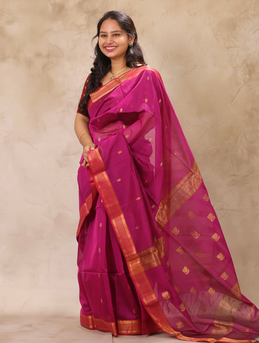 Magenta Handloom Maheswari Silk Cotton Sarees | Looms & Tassels