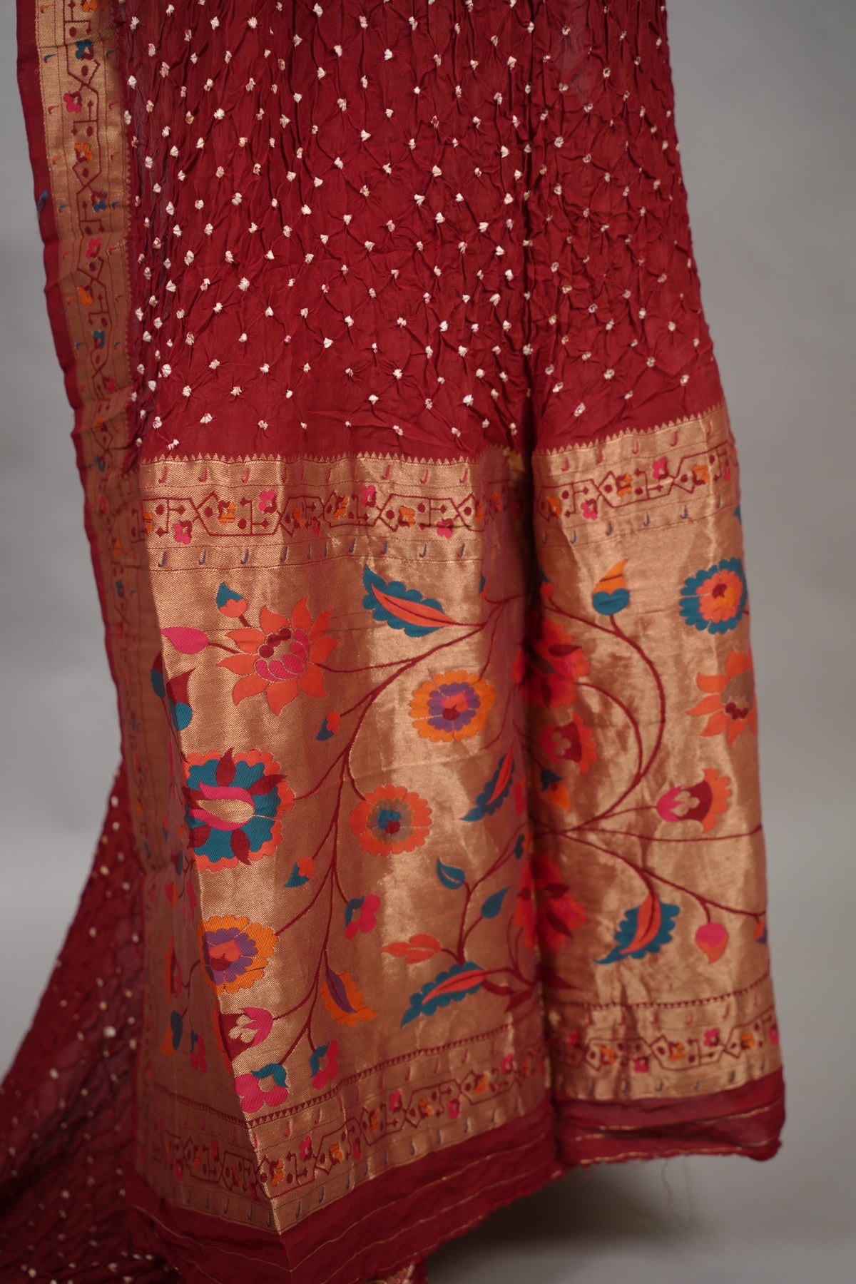Maroon Handcrafted Bandhani Paithani Dola Silk Saree | Looms & Tassels
