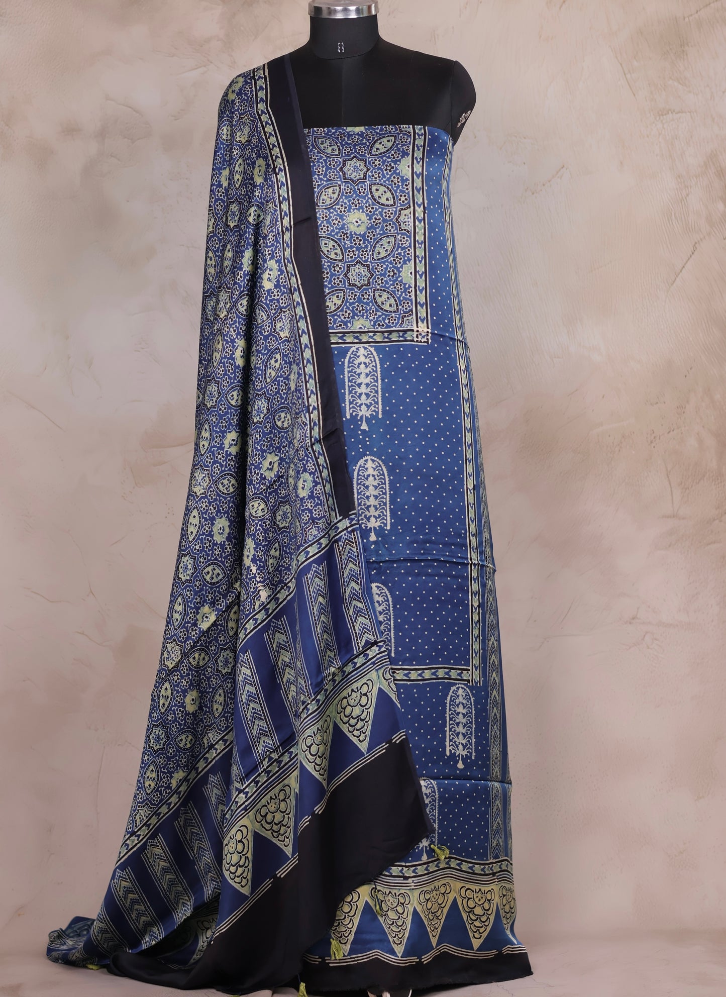 Indigo Ajrakh Handblock Printed Modal Silk 2 Piece Suit Set | Looms & Tassels