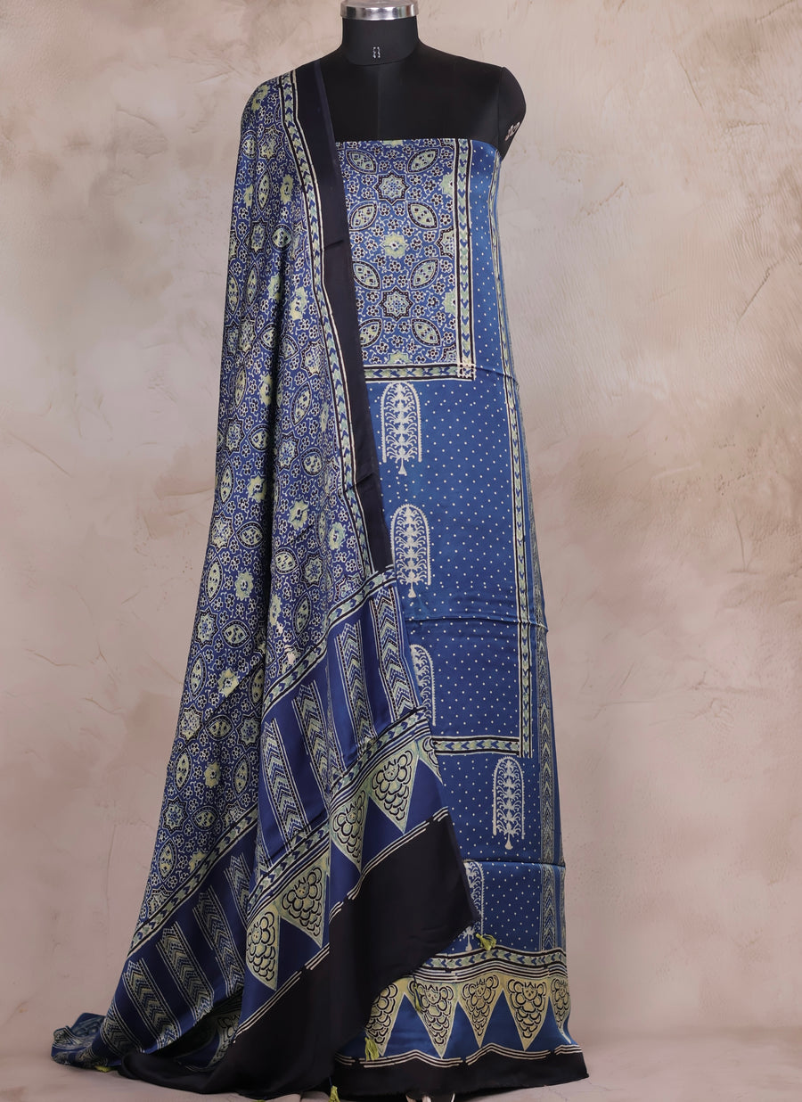 Indigo Ajrakh Handblock Printed Modal Silk 2 Piece Suit Set | Looms & Tassels