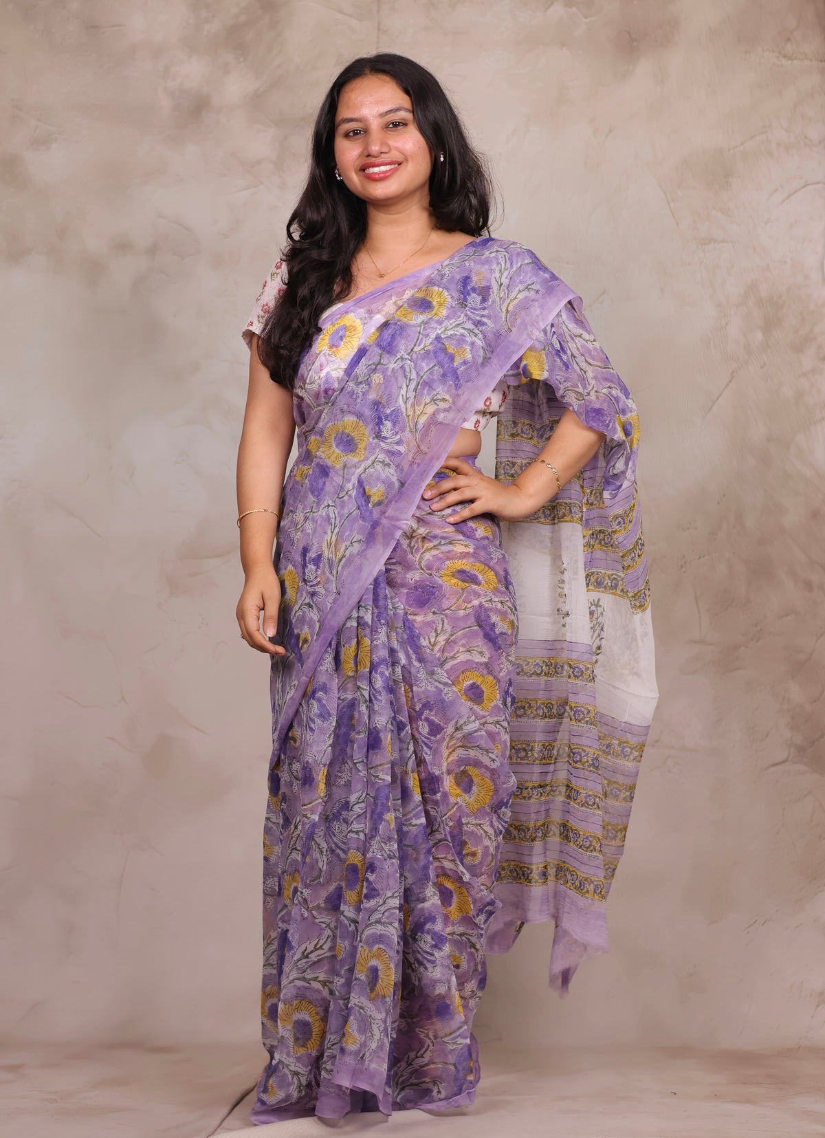 Lavender Chiffon Hand Block Printed Saree | Looms & Tassels