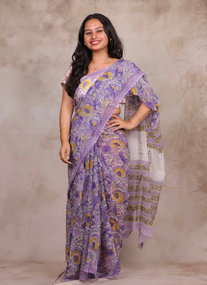 Lavender Chiffon Hand Block Printed Saree | Looms & Tassels