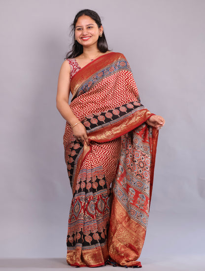 Red Ajrakh Handblock printed Dola Silk Saree | Looms & Tassels