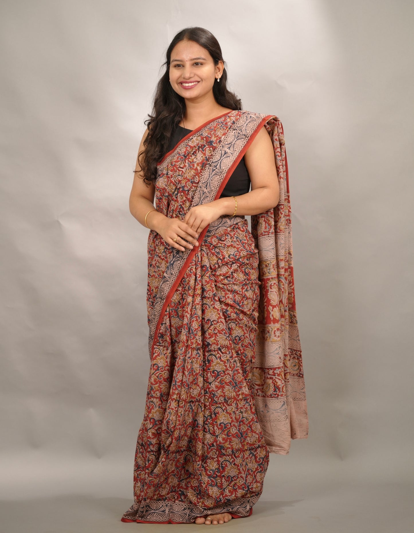 Red Hand Block Printed Kalamkari Cotton Saree | Looms & Tassels