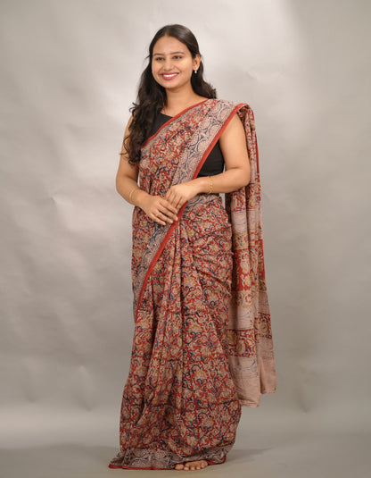 Red Hand Block Printed Kalamkari Cotton Saree | Looms & Tassels