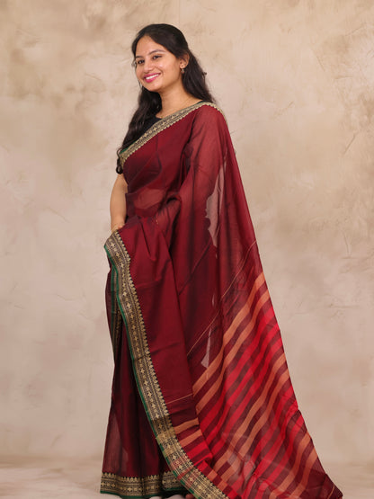 Maroon Narayanpet Cotton Saree | Looms & Tassels