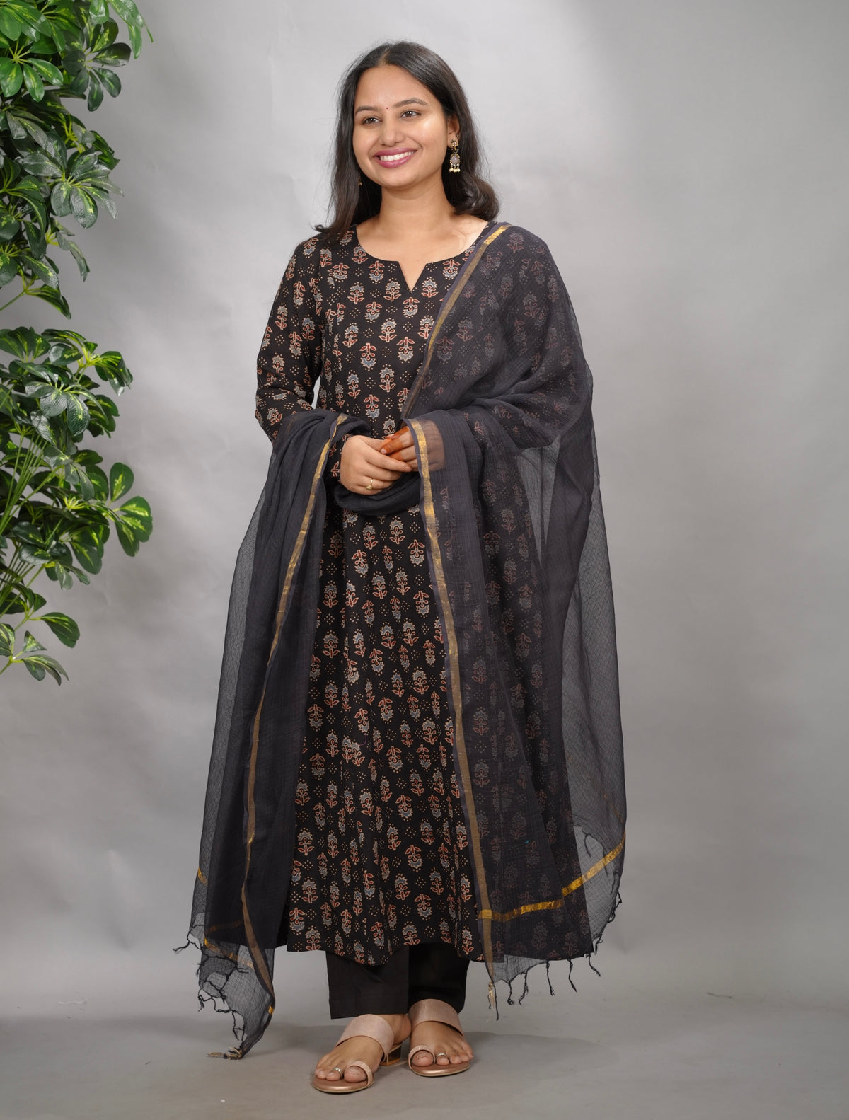 Black Ajrakh Handblock Printed Kali Kurta with Chudi Sleeves