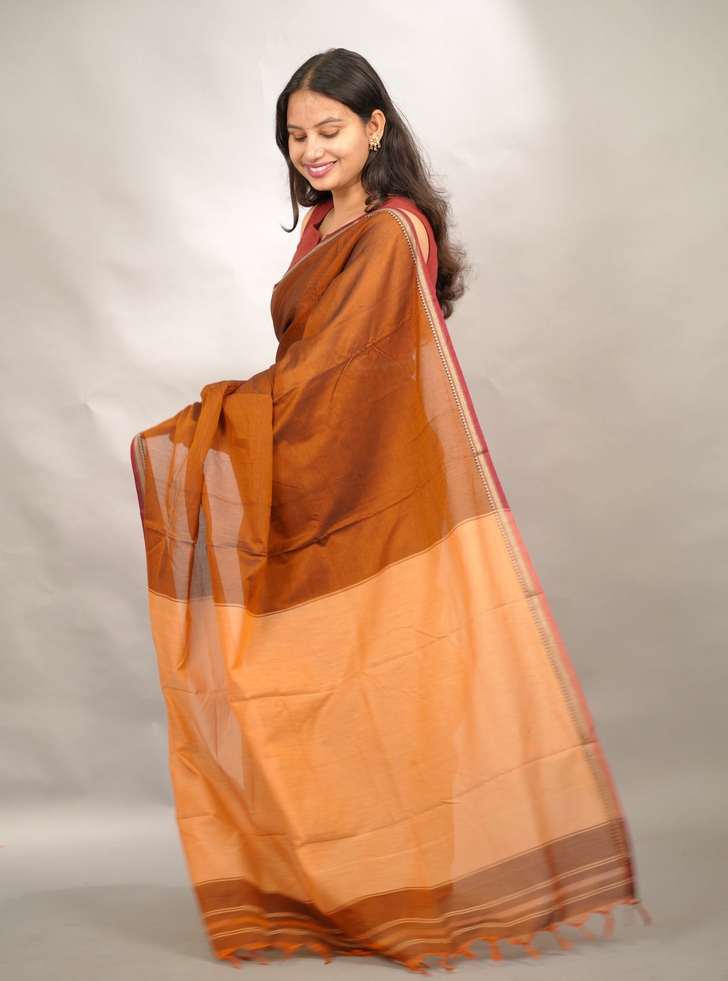 Rust Orange Narayanpet Cotton Saree | Looms & Tassels
