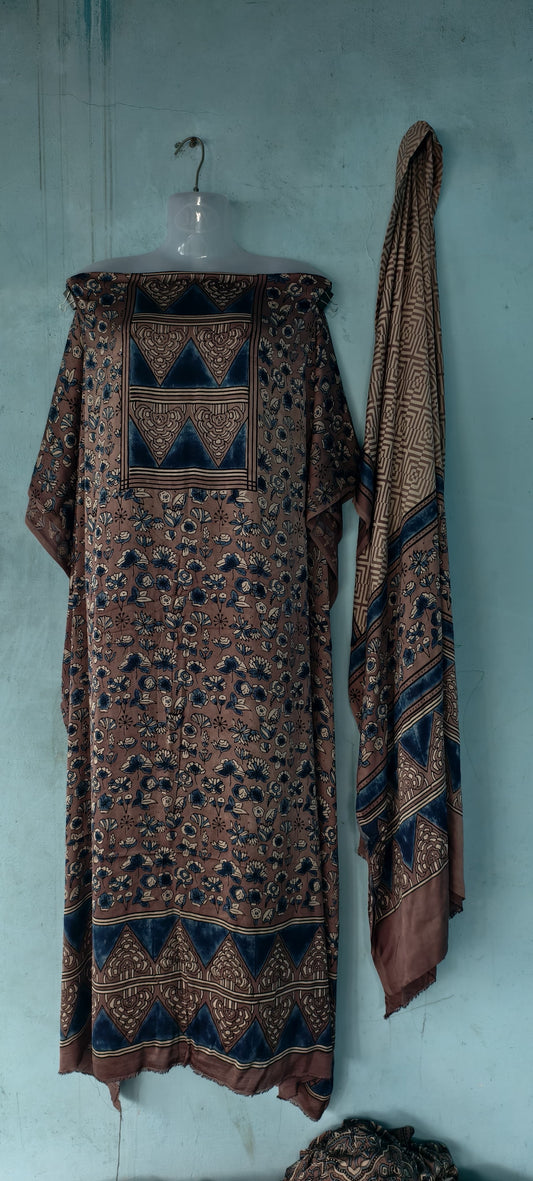 Handblock printed Ajrakh modal silk 2 piece suit set
