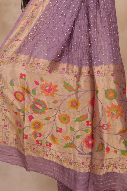 Dusty Lavender Handcrafted Bandhani Paithani Dola Silk Saree | Looms & Tassels