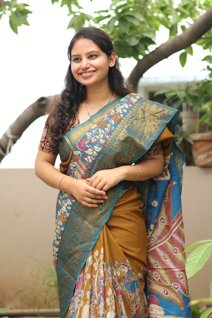 Mustard Kanchi border Kalamkari chennur silk saree