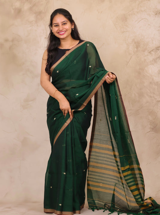 Green Narayanpet Cotton Saree With Butta Weaving | Looms & Tassels
