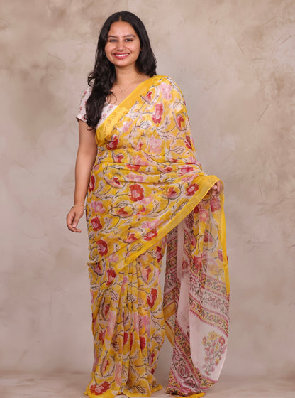 Yellow Chiffon Bagru Hand Block Printed Saree | Looms & Tassels