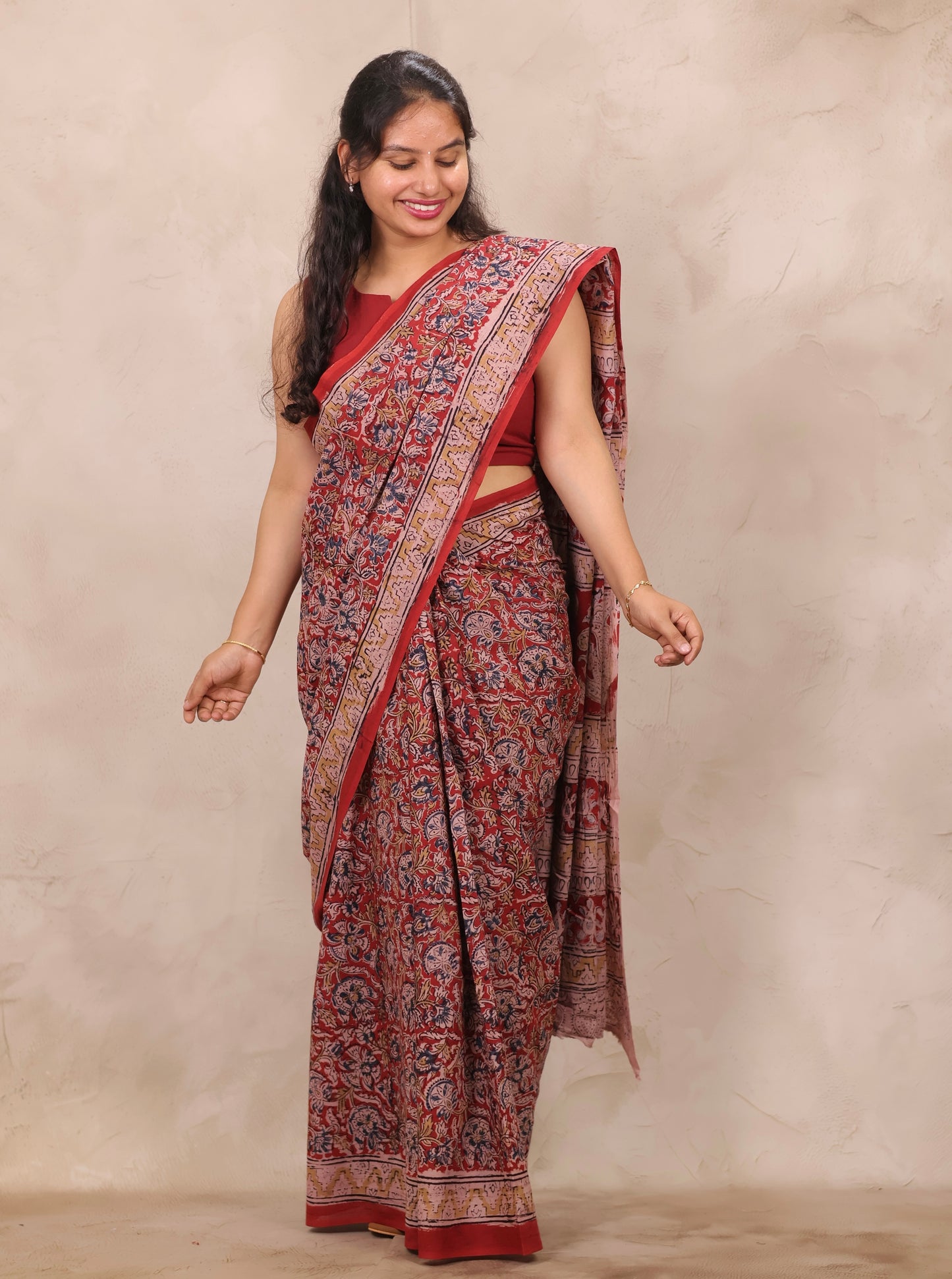 Red Hand Block Printed Kalamkari Cotton Saree | Looms & Tassels
