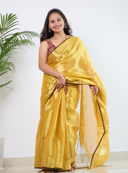 Yellow Tissue Mul Cotton Saree