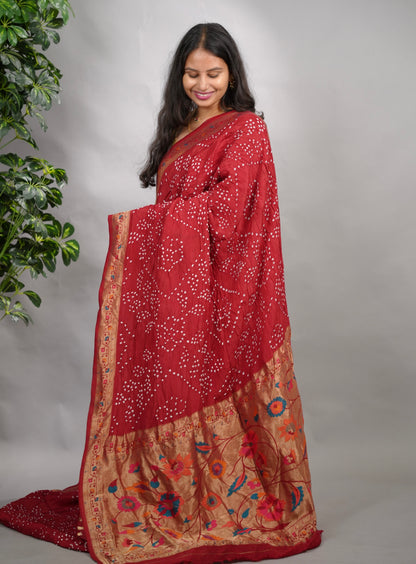 Maroon Handcrafted  Pattern Bandhani Paithani Dola Silk Saree | Looms & Tassels