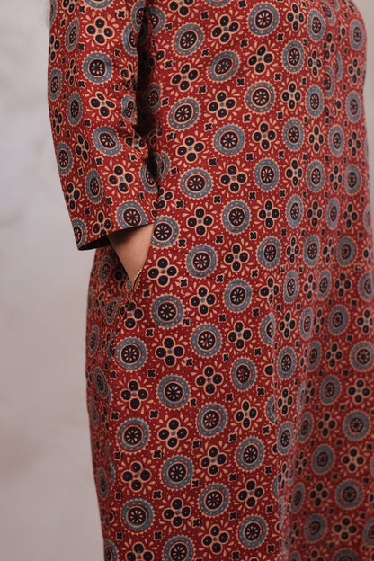 Red Ajrakh Hand Block Printed Kurti | Looms & Tassels