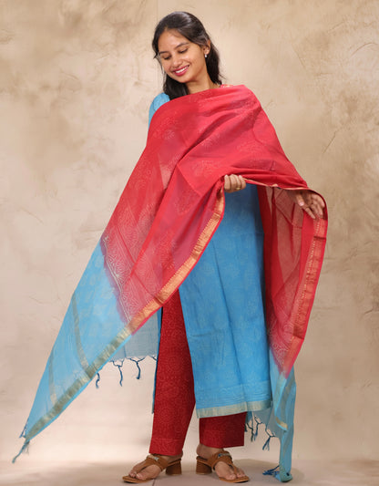 Sky Blue & Red Handblock printed Pure Maheswari Silk 3 piece suit (stitched)