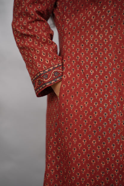 Rust Maroon Butti Ajrakh Cotton Kali Kurta | Looms & Tassels