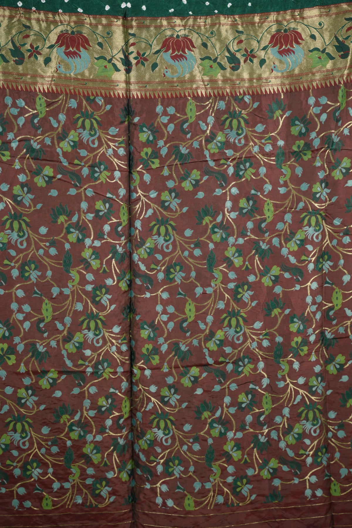 Green Handcrafted Bandhani Paithani Dola Silk Saree | Looms & Tassels