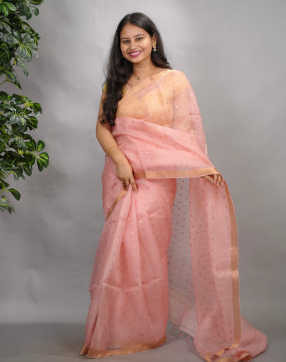 Peach Handwoven Muslin Silk Saree With Sequence Work | Looms & Tassels
