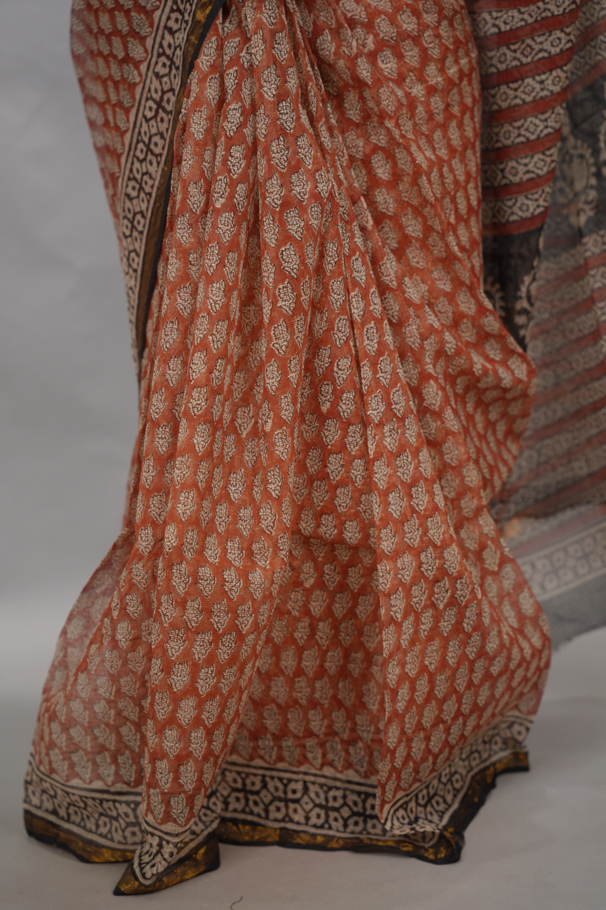 Maroon Pure Kota Doria Saree with Bagru Handblock Prints | Looms & Tassels