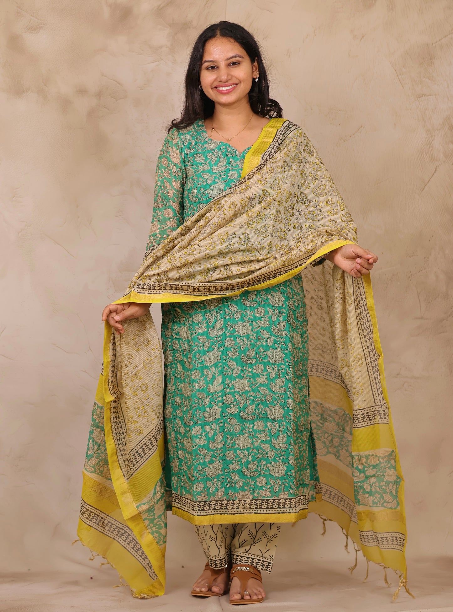 Sea Green Handblock printed Pure Maheswari Silk 3 piece suit (stitched)
