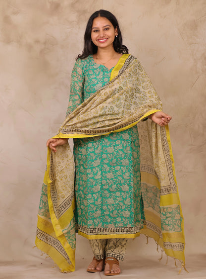 Sea Green Handblock printed Pure Maheswari Silk 3 piece suit (stitched)