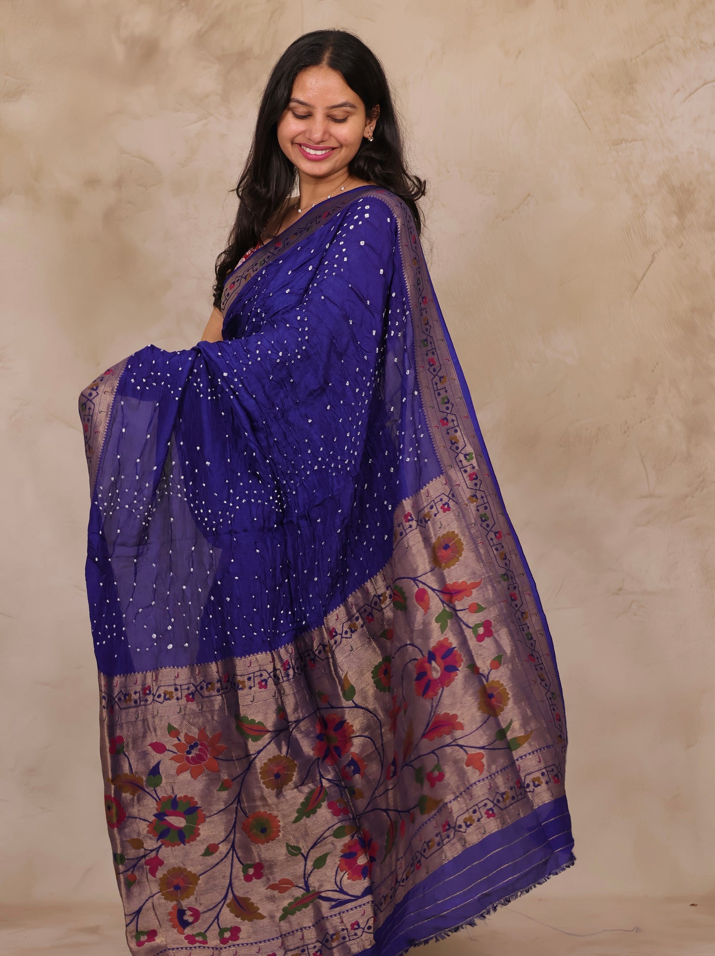 Blue Handcrafted Pattern Bandhani Paithani Dola Silk Saree | Looms & Tassels