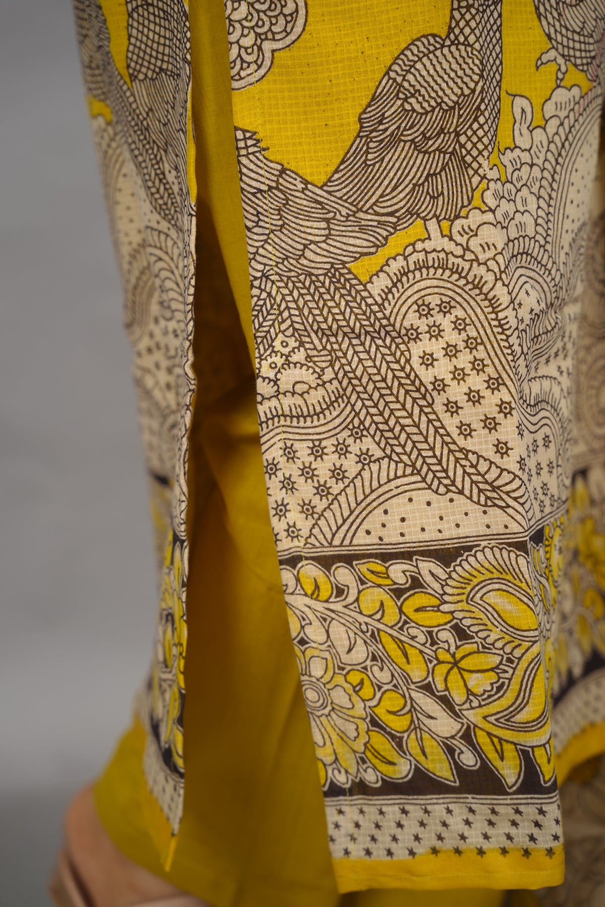 Yellow Kalamkari Kota Cotton 3 piece suit (stitched) | Looms & Tassels