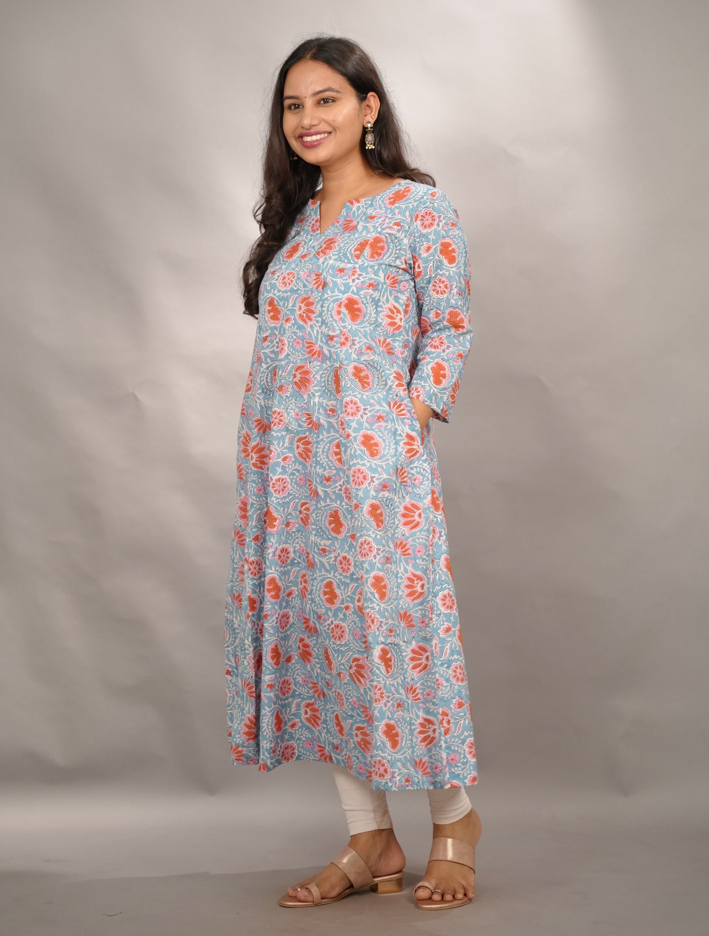 Ice Blue Pure Mul Cotton Kali Kurta  | Looms & Tassels