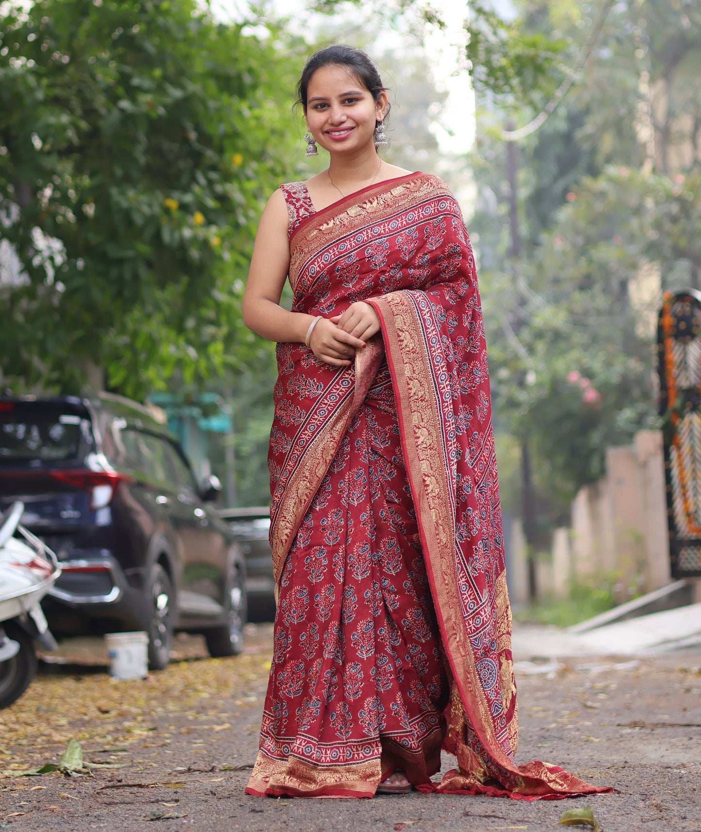Red Floral Motifs Ajrakh Handblock Printed Dola Silk Saree
