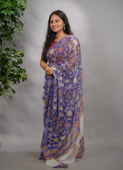 Violet Chiffon Hand Block Printed Saree | Looms & Tassels