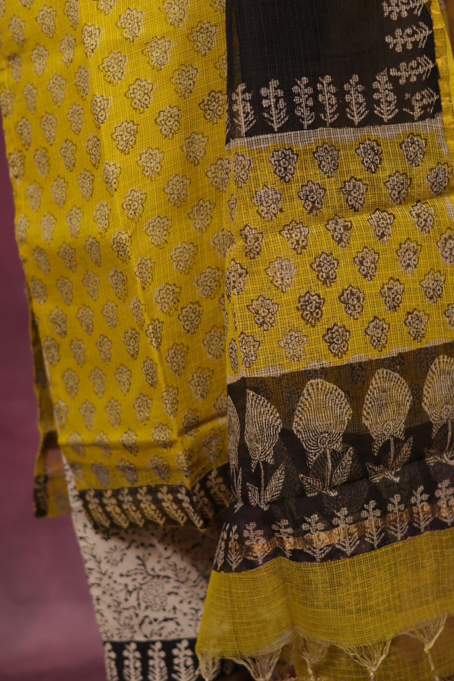 Yellow Handblock printed kota 3 piece suit (stitched)