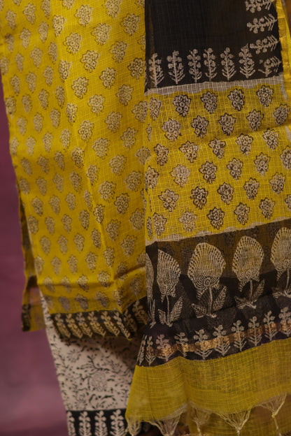 Yellow Handblock printed kota 3 piece suit (stitched)