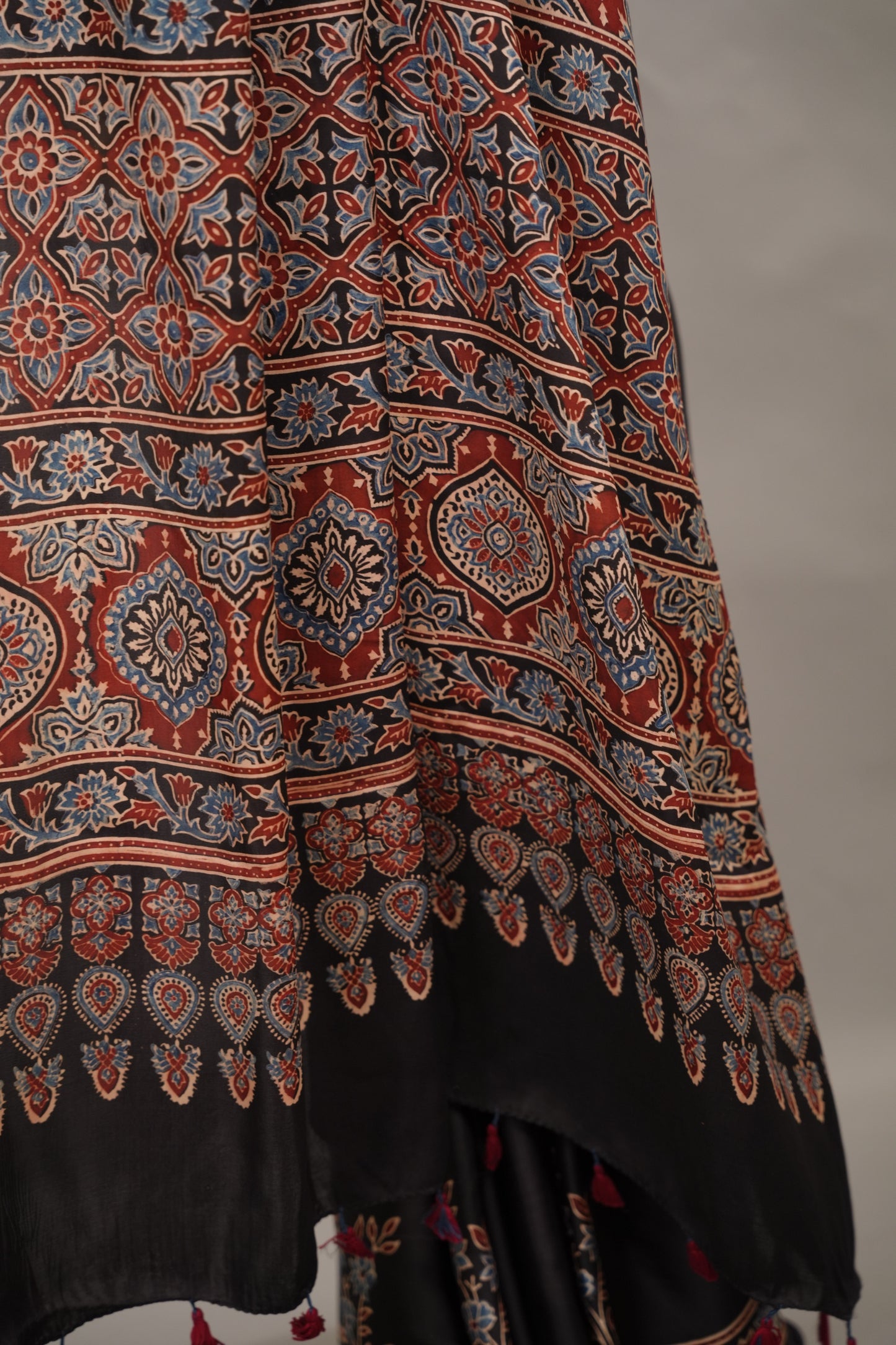 Black Authentic Ajrakh Handblock Printed Modal Silk Saree | Looms & Tassels