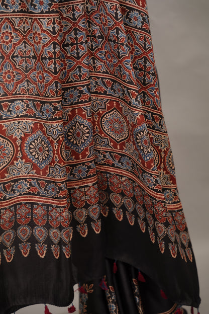 Black Authentic Ajrakh Handblock Printed Modal Silk Saree | Looms & Tassels