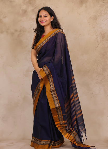 Blue Narayanpet Cotton Saree with Elephant Border | Looms & Tassels