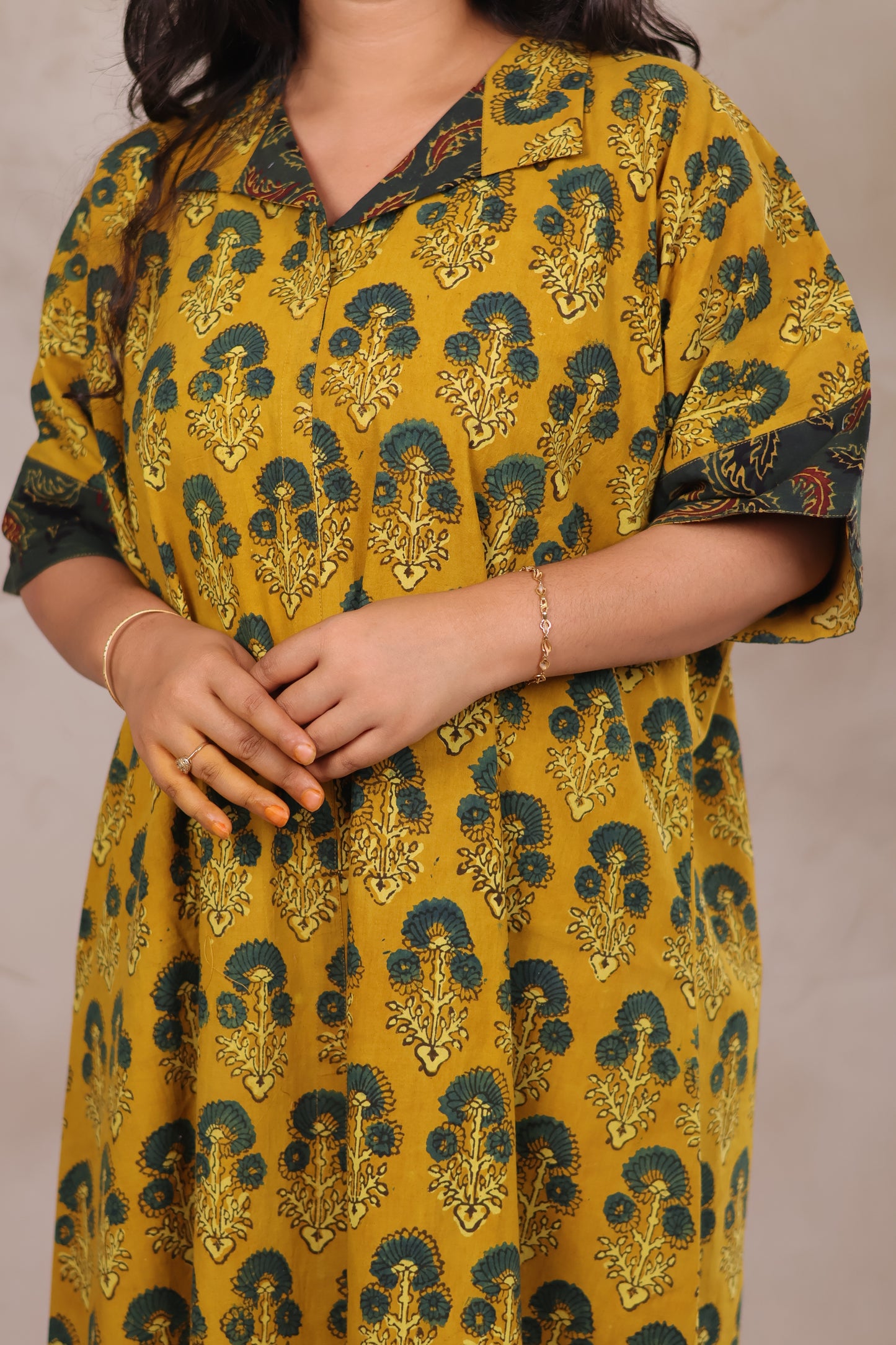 Mustard Ajrakh Handblock Printed Cotton Kaftan shirt dress – Elegant & Breathable Ethnic Wear | Looms & Tassels