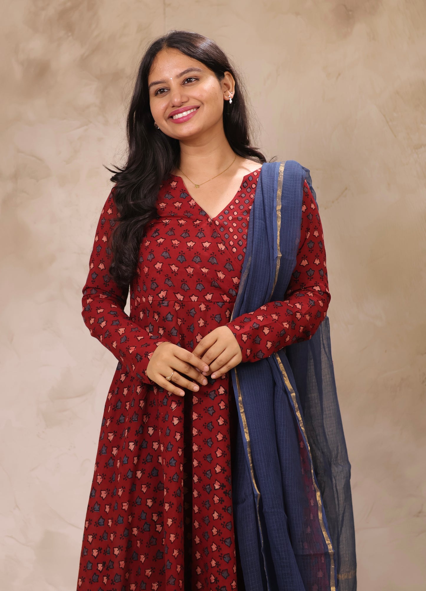 Maroon Pure Cotton Ajrakh Hand Block Printed Angarkha Kurta with Kota Dupatta | Looms & Tassels