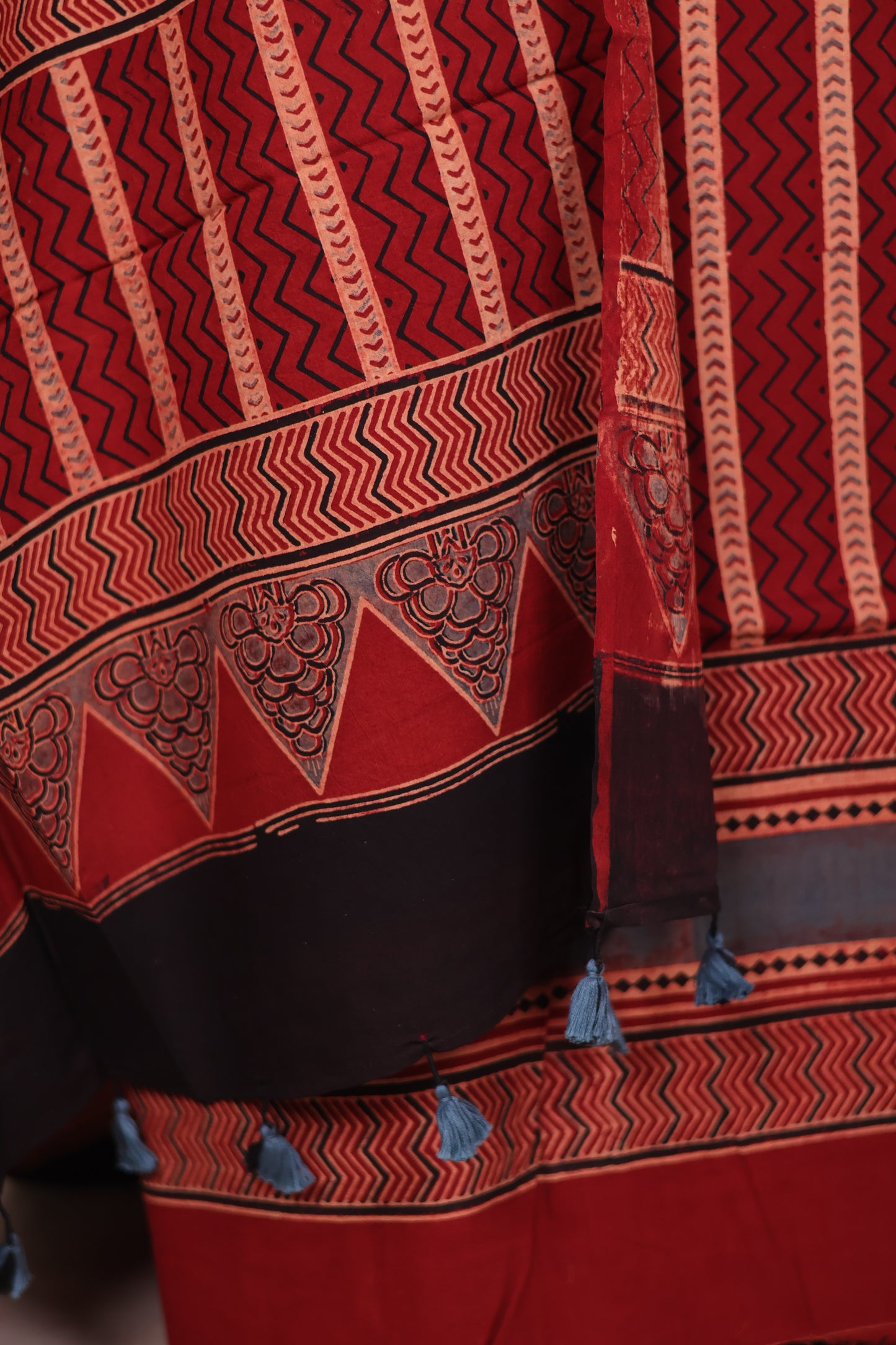 Maroon Stripes Ajrakh Handblock Printed Pure Cotton 3 piece suit set | Looms & Tassels