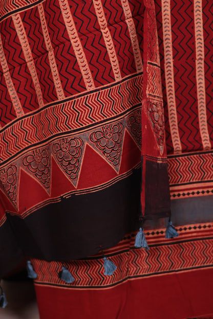 Maroon Stripes Ajrakh Handblock Printed Pure Cotton 3 piece suit set | Looms & Tassels