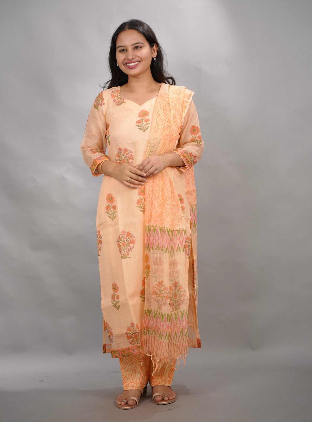 Pastel Handblock printed kota 3 piece suit (stitched)| Looms & Tassels