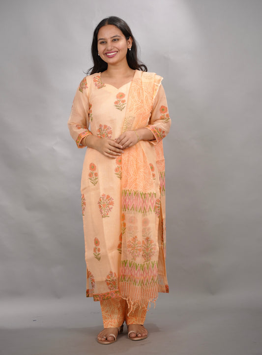Pastel Handblock printed kota 3 piece suit (stitched)| Looms & Tassels